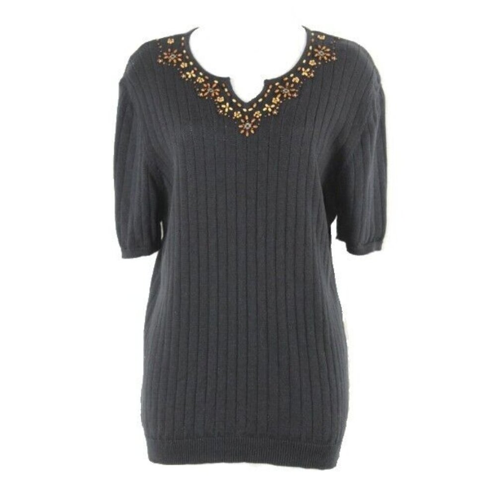 Alfred Dunner Sz L Black Ribbed Brown Wood Beads Ramie Cotton Sweater Top
